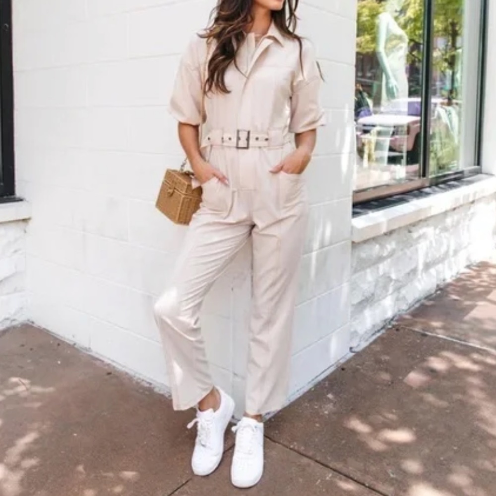 KITTENISH Work It Utility Cream Belted Jumpsuit